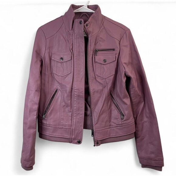 Womens Mauve Faux Leather Jacket With Zipper Pockets & Snap Closures Size S - Picture 1 of 10